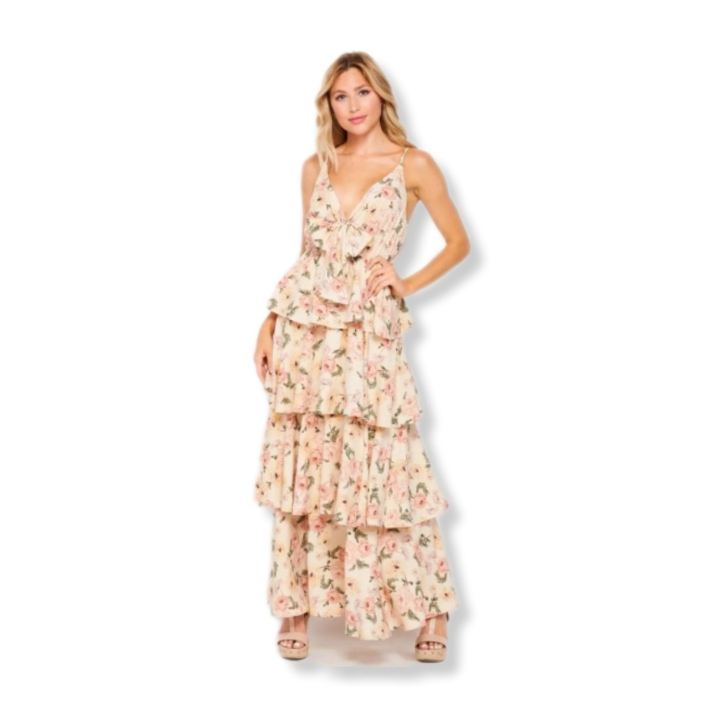 White and Orange Floral Burnout Tiered Maxi Dress